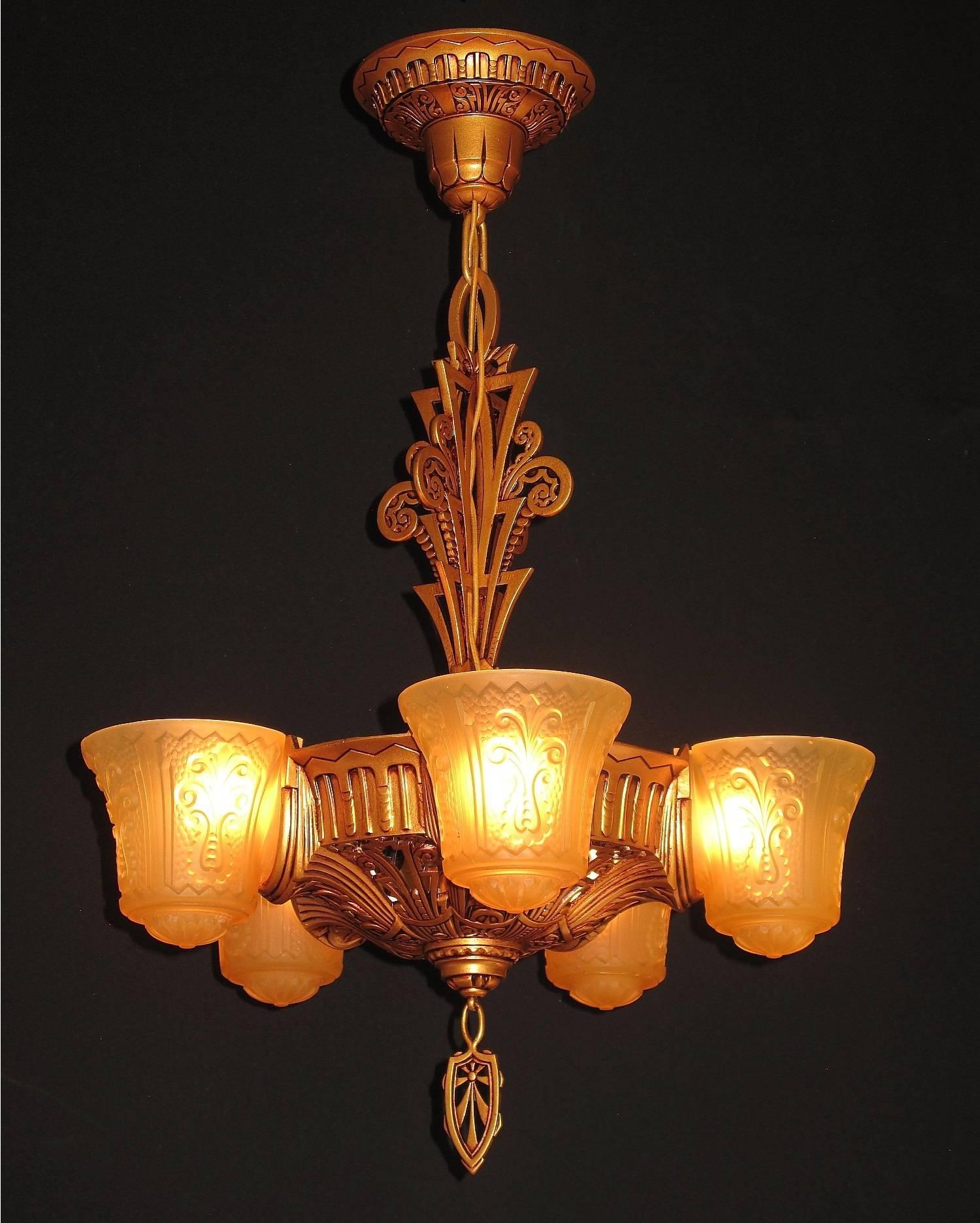 Pair of Beardslee Art Deco Slip Shade Sconces Warm Golden with Amber Shades For Sale 2