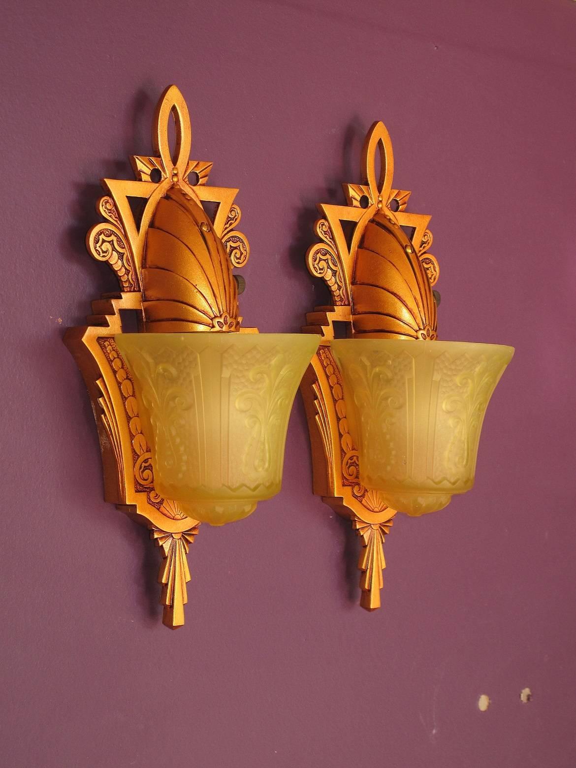 American Pair of Beardslee Art Deco Slip Shade Sconces Warm Golden with Amber Shades For Sale