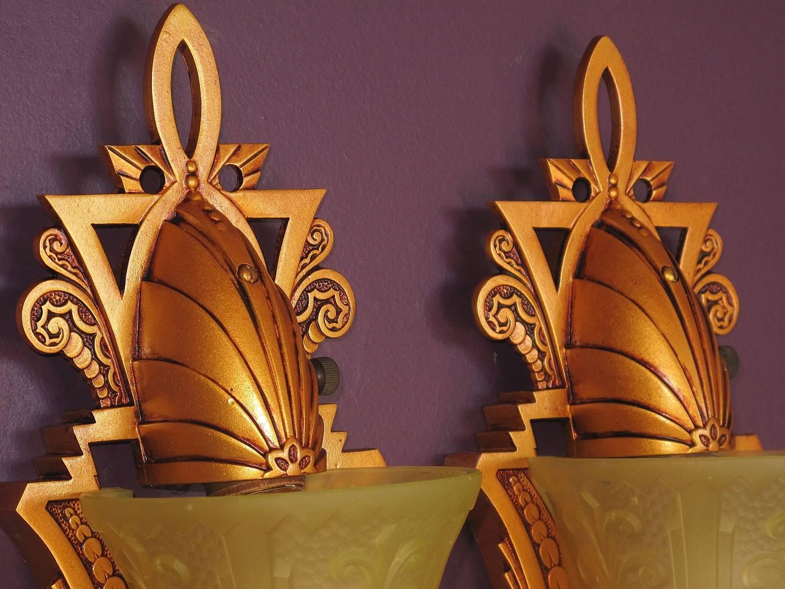 20th Century Pair of Beardslee Art Deco Slip Shade Sconces Warm Golden with Amber Shades For Sale