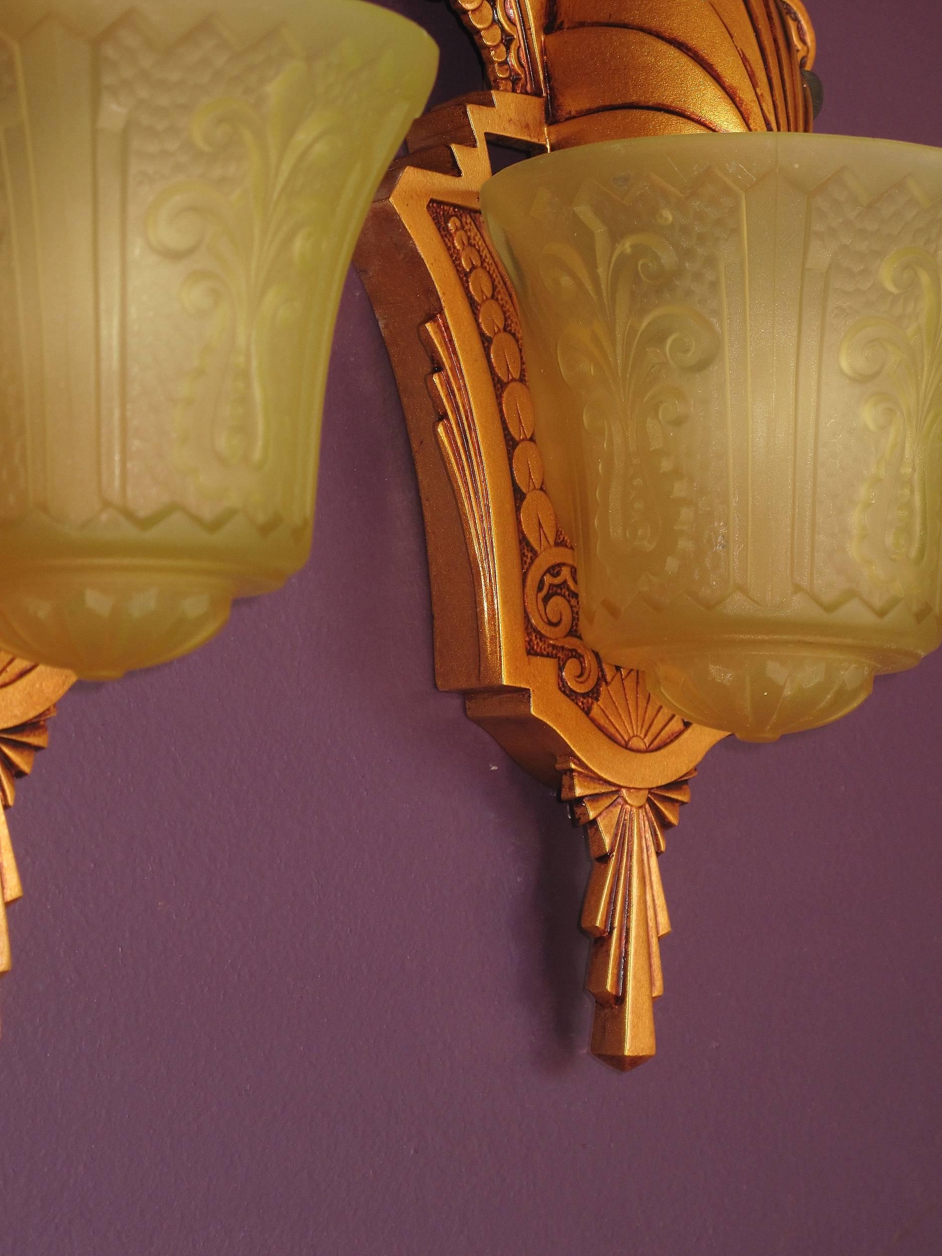 Pair of Beardslee Art Deco Slip Shade Sconces Warm Golden with Amber Shades For Sale 1