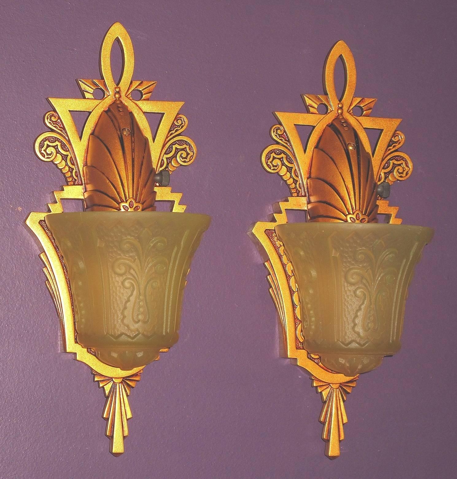 Aluminum Pair of Beardslee Art Deco Slip Shade Sconces Warm Golden with Amber Shades For Sale