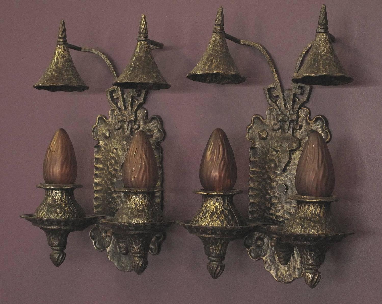 Pair Cast Iron Tudor Gothic Storybook Sconces, Original Finish, 1920s