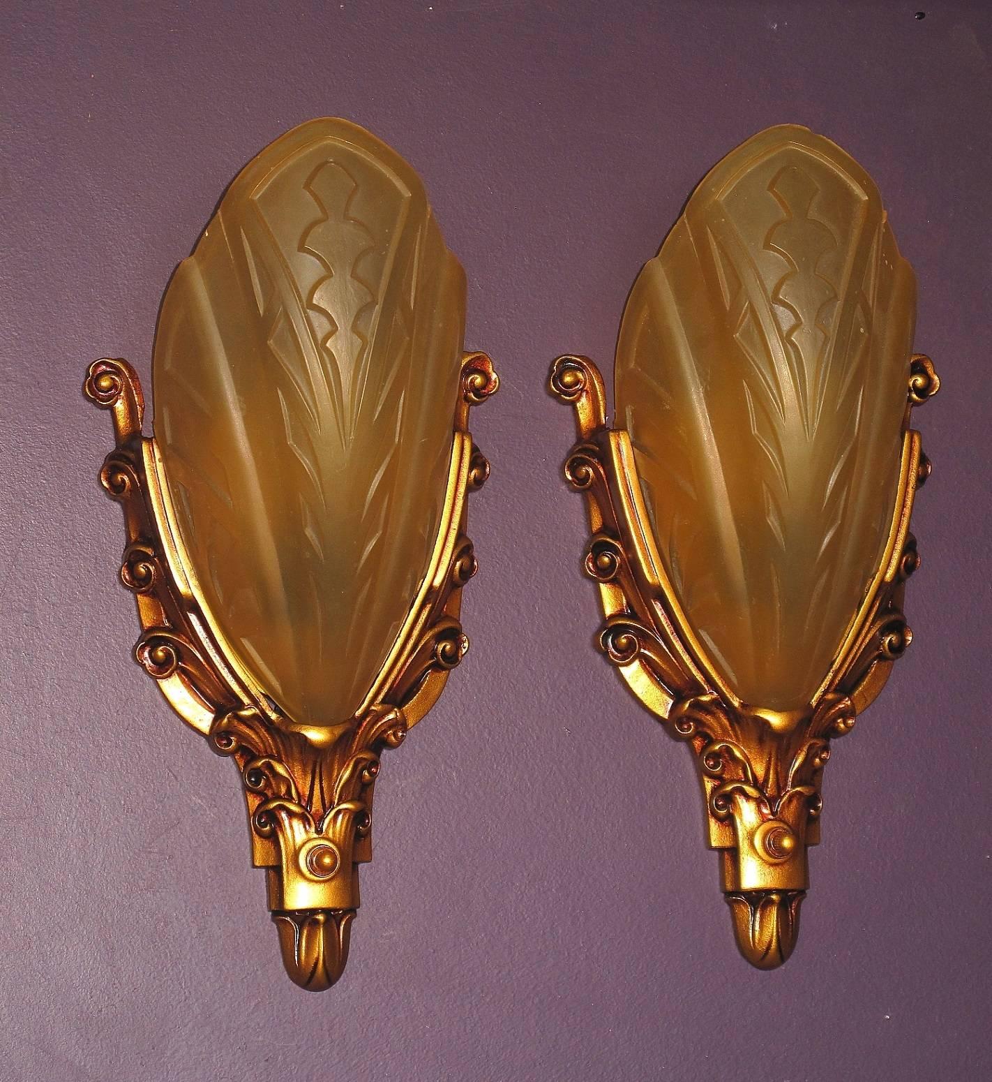 American 1930s Cast Iron Slip Shade Wall Sconces Four Pair available  For Sale