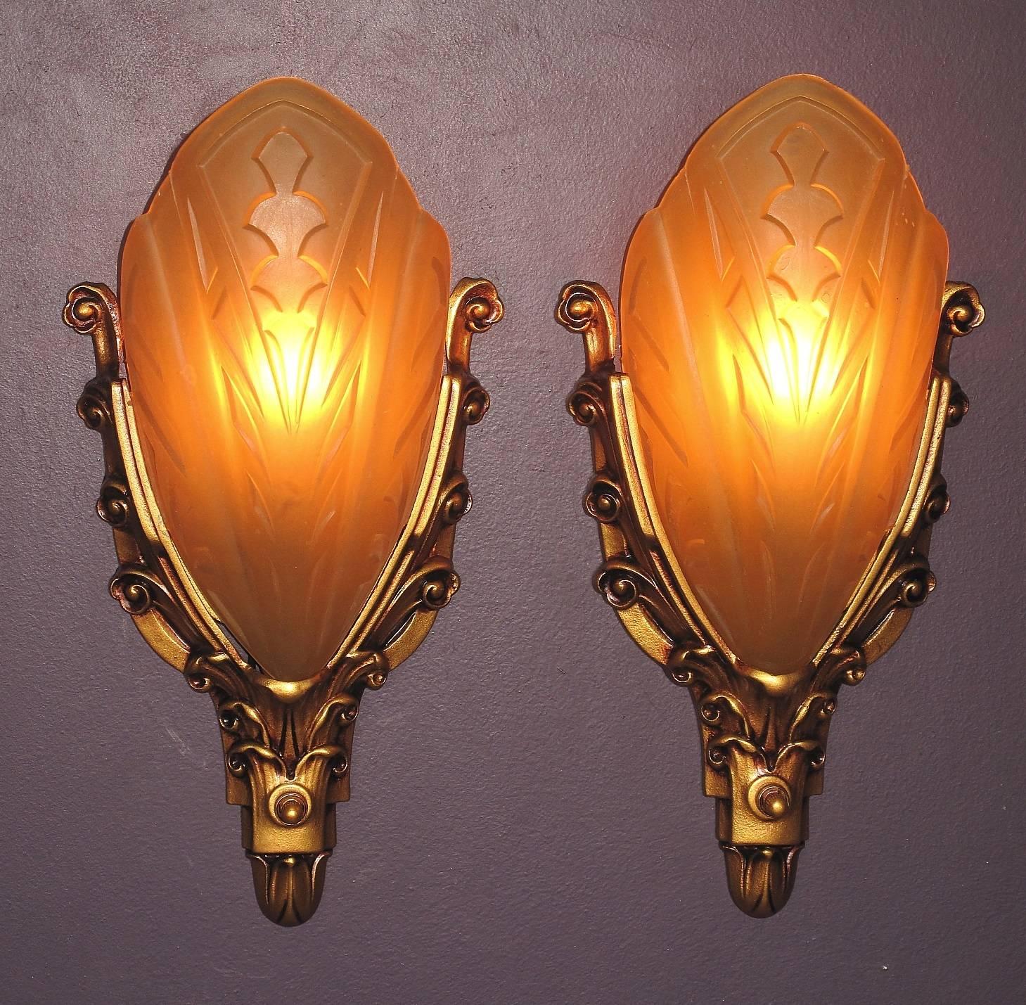 Art Deco 1930s Cast Iron Slip Shade Wall Sconces Four Pair available  For Sale