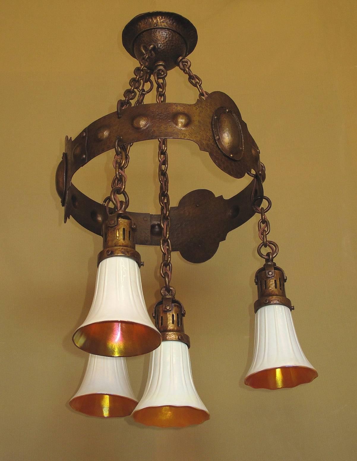 Hammered All Original 1910 Craftsman Four Drop Fixture For Sale