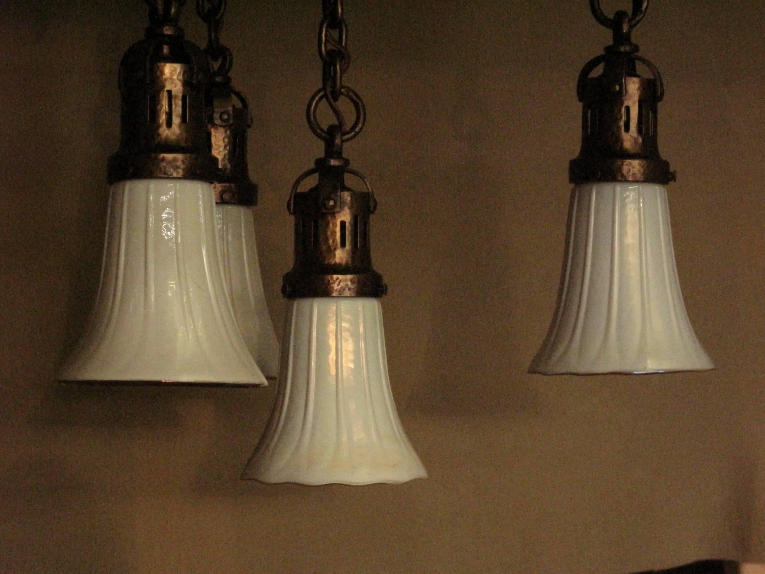 Brass All Original 1910 Craftsman Four Drop Fixture For Sale