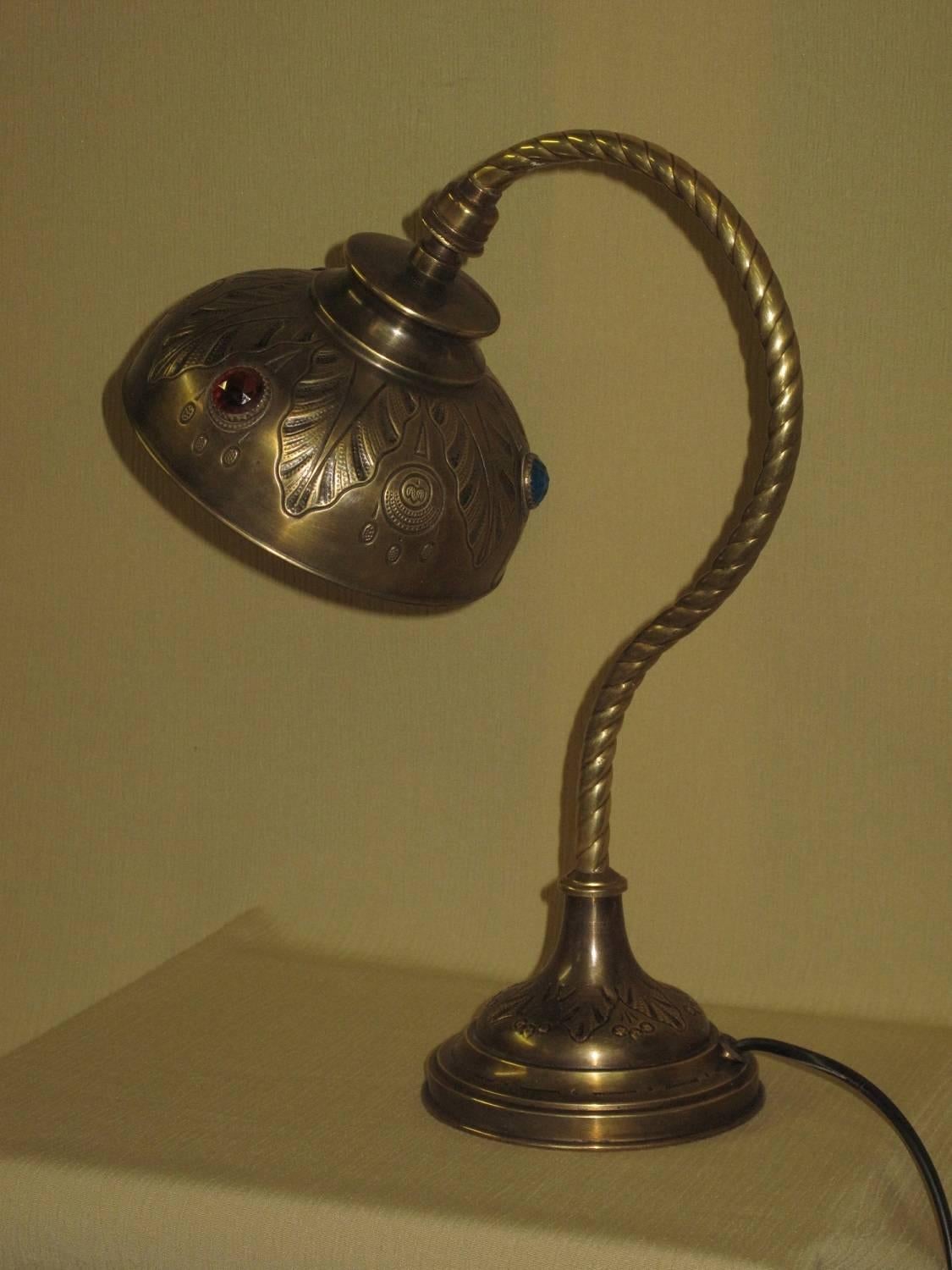 Brass Early 20th Century Jeweled European Art Nouveau Table Lamp