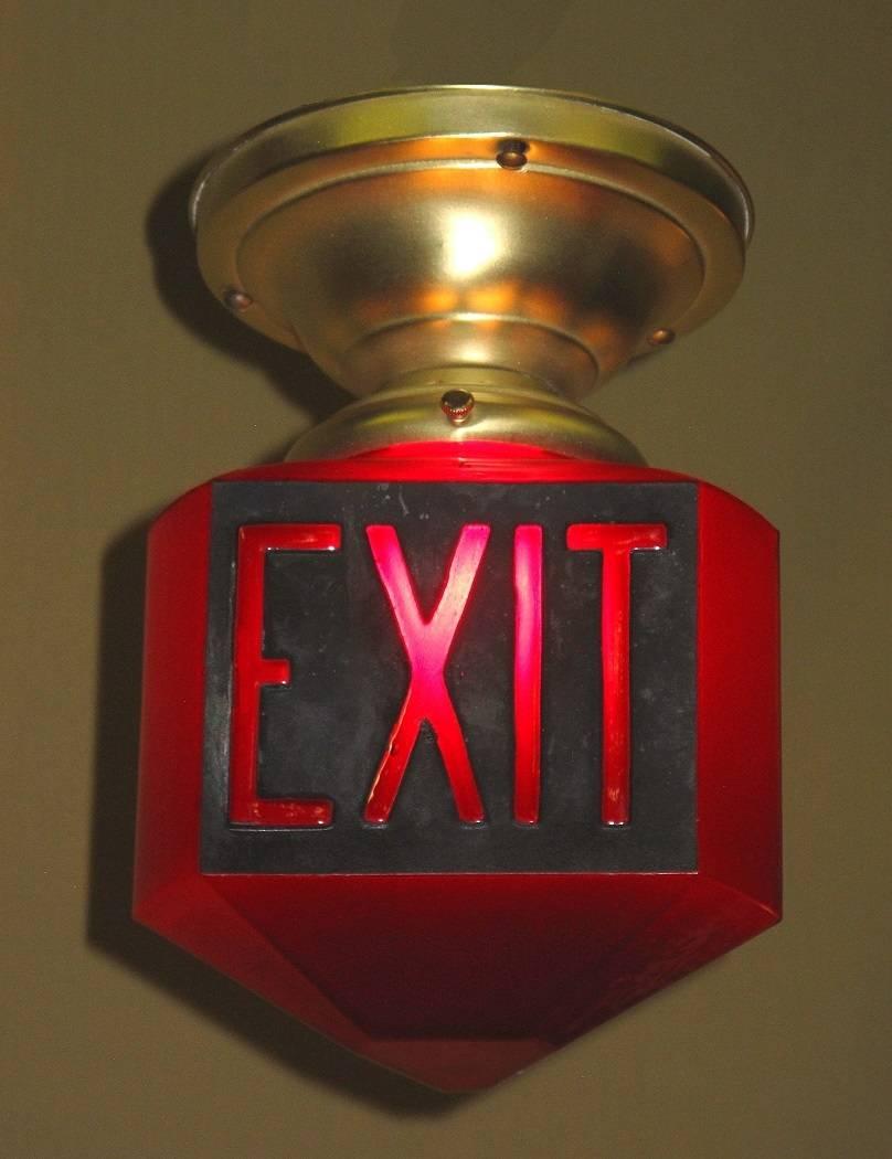 American Three Matching 1920s Ruby Red Triangle Exit Signs Priced Each
