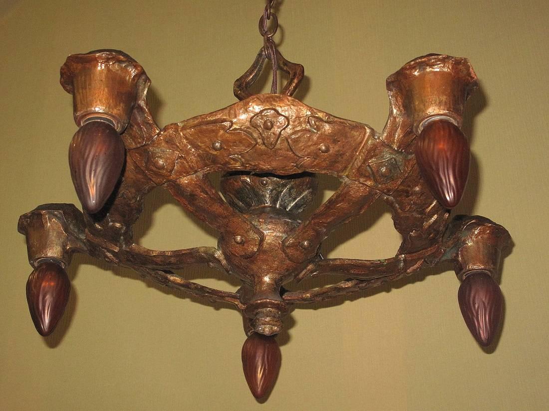 Revival 1920s CB Rogers Five-Light Fixture in Original Colors and Patina For Sale