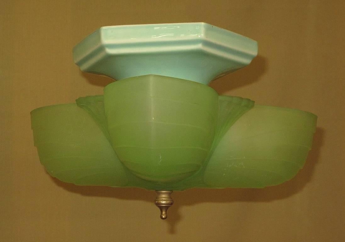 Egyptian Revival Three-Light Green Flush Mount Fixture, 1920s In Excellent Condition In Prescott, AZ