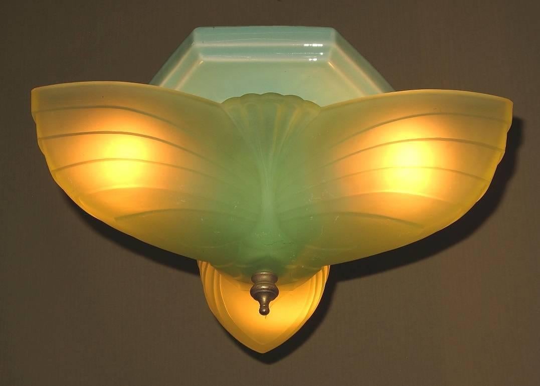 Glass Egyptian Revival Three-Light Green Flush Mount Fixture, 1920s