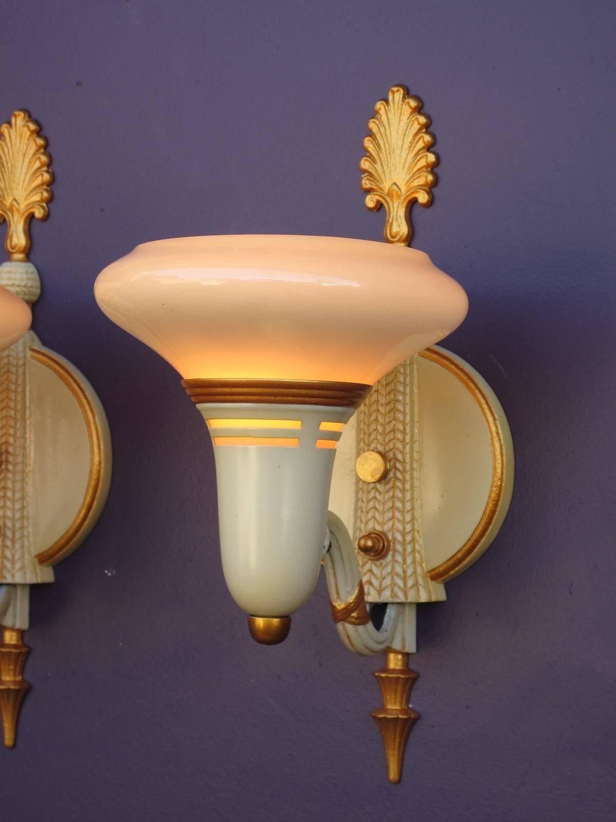 Somewhat Deco somewhat Federal wholly delightful. A very nice marriage of styles from the 1930s or late 1920s. Restored pair vintage slip shade wall sconce light fixture with custard bowl shades. Restored, repainted, rewired, enjoy. Measures: Height