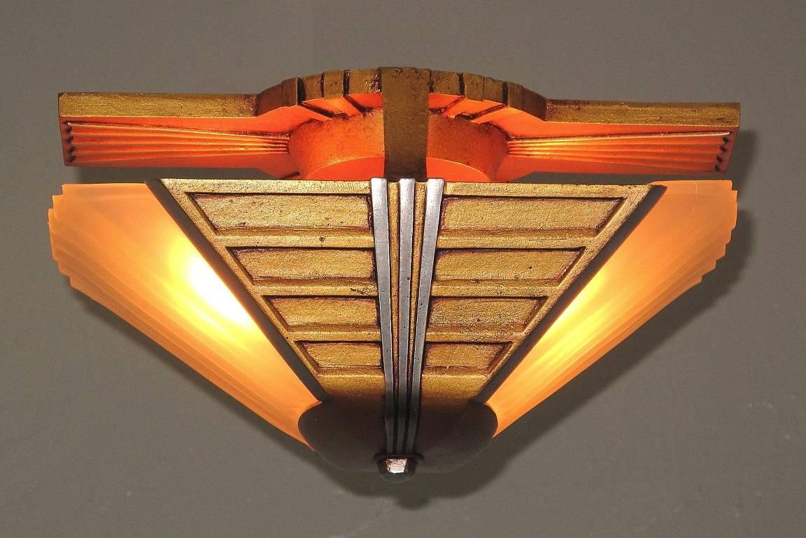Painted 1930s Mid-Century Two Bulb Flush Mount Ceiling Fixture 2 available