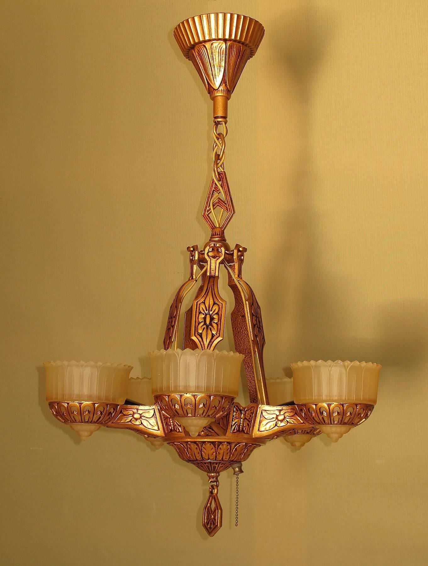 American Deco Era Ceiling Chandelier with Butterflies For Sale