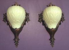 Pair of Custard Glass on Bronze 1920s-1930s Deco Rococo Original Patina