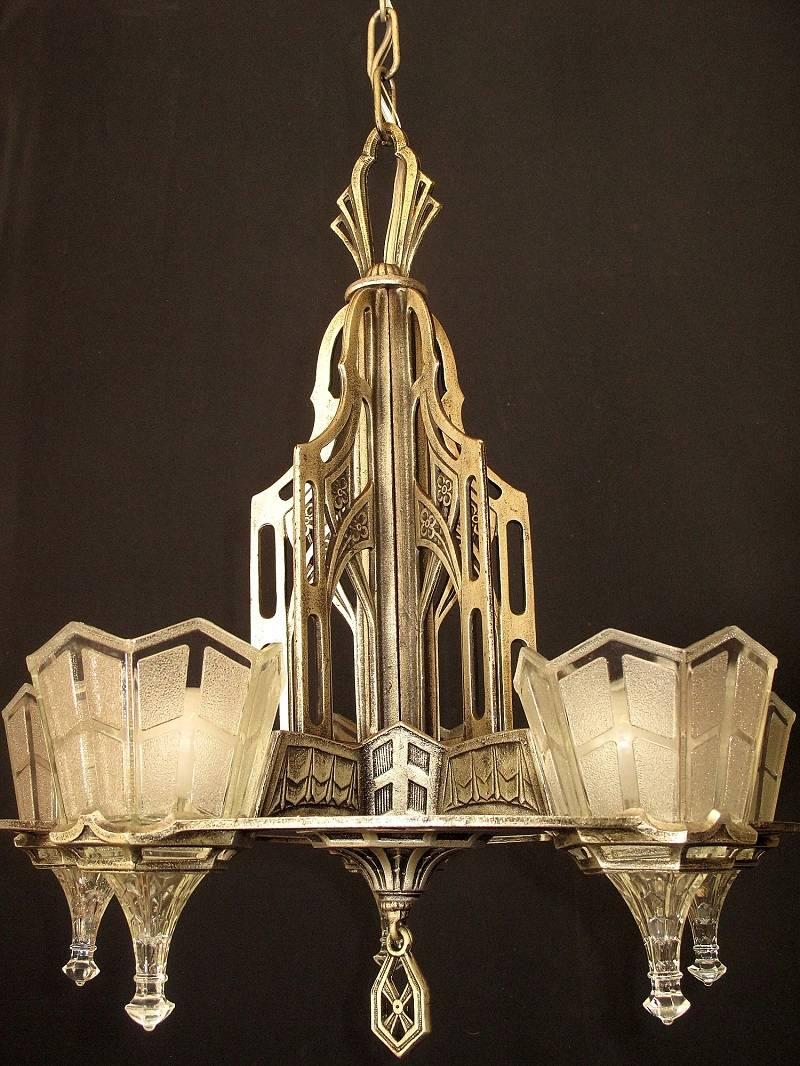 Aluminum Tudor Gothic Five-Light Original Finish and Glass, circa 1930 For Sale