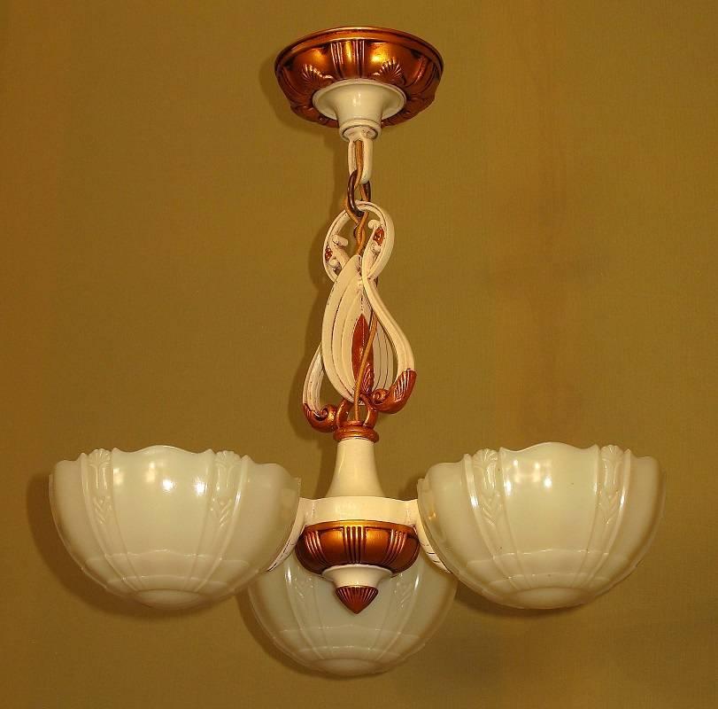 American 1930s Deco Mid-Century Three-Shade Chandelier For Sale