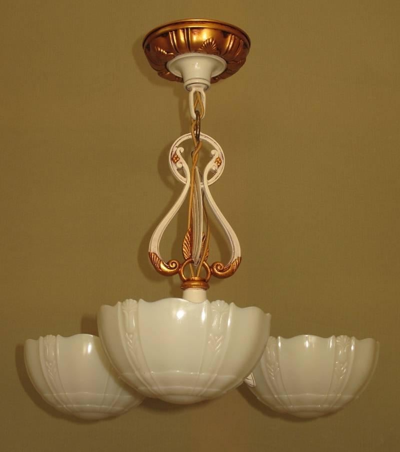 Cast 1930s Deco Mid-Century Three-Shade Chandelier For Sale