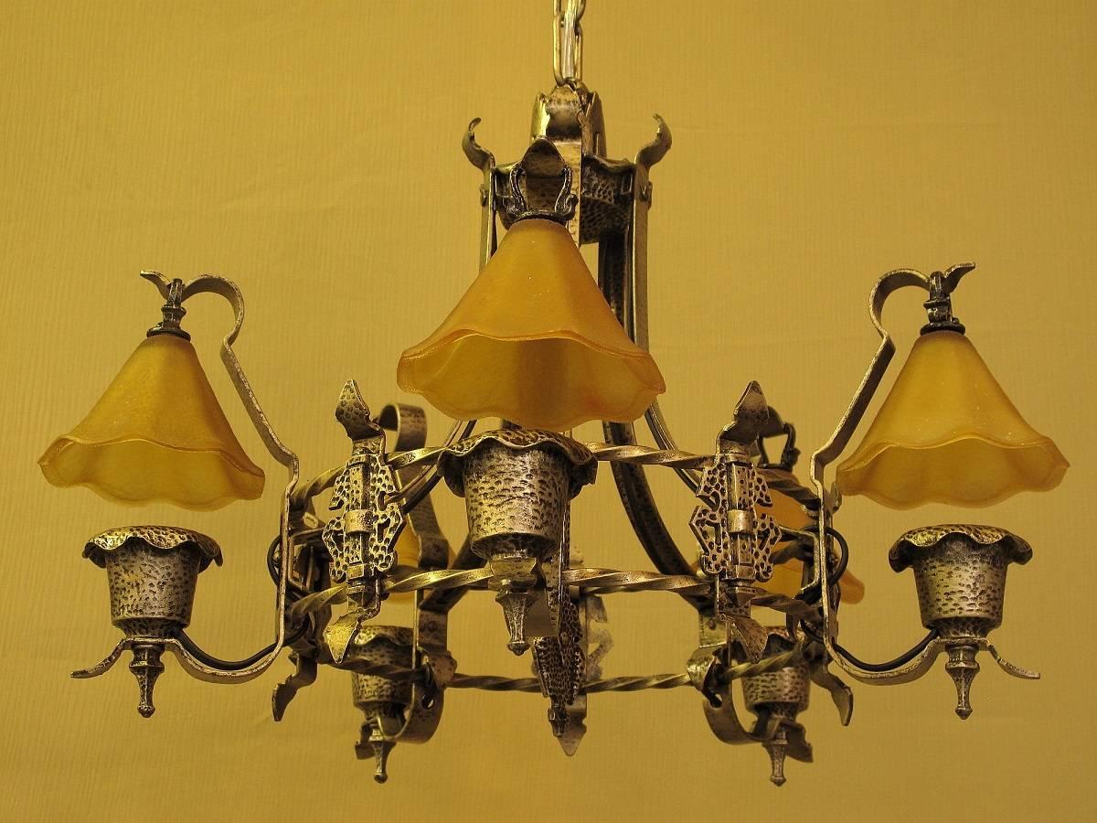 Tudor Storybook Style Vintage Ceiling Light Fixture with Original Smoke Bells, 1920s
