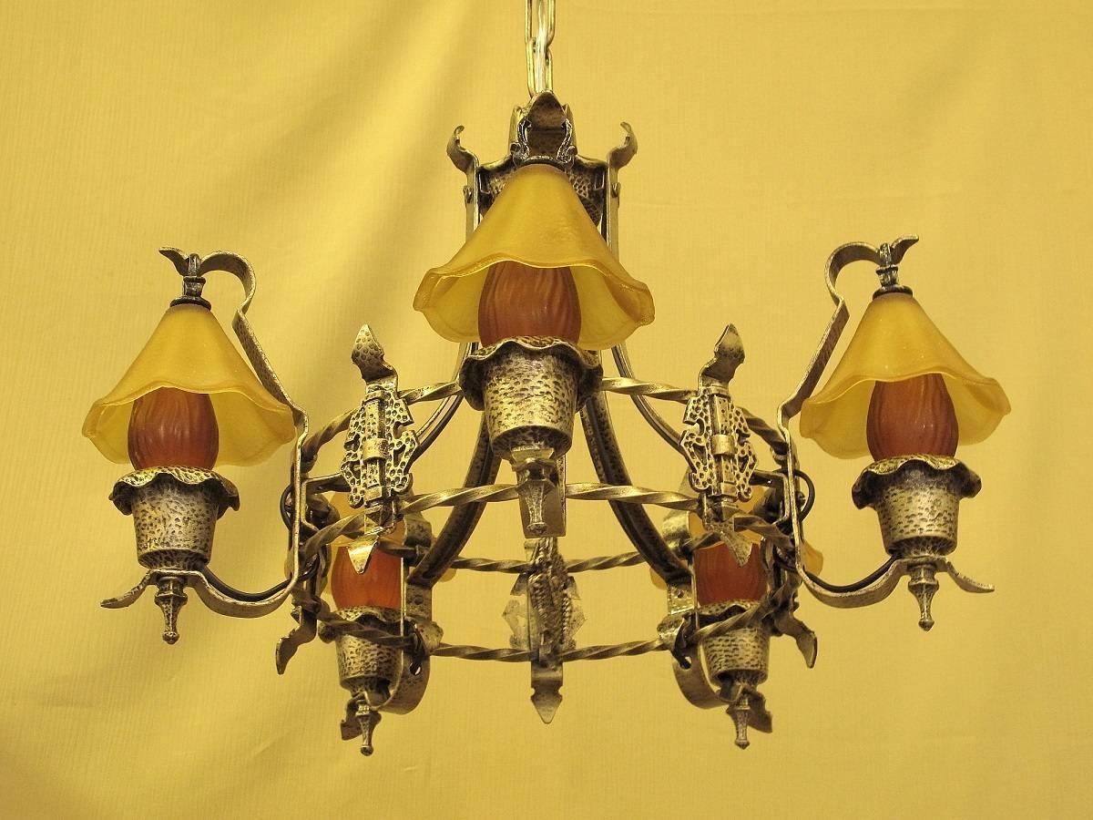 American Storybook Style Vintage Ceiling Light Fixture with Original Smoke Bells, 1920s