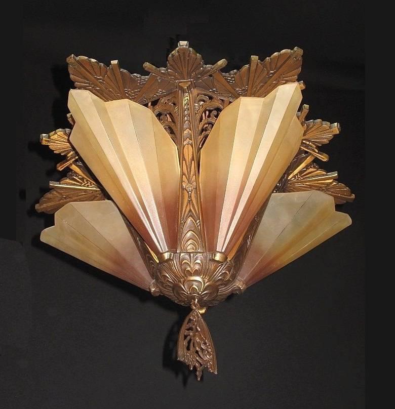 Art Deco Rare Vintage Flush Mount Solid Bronze Slip Shade Brown Tip Fixture For Sale