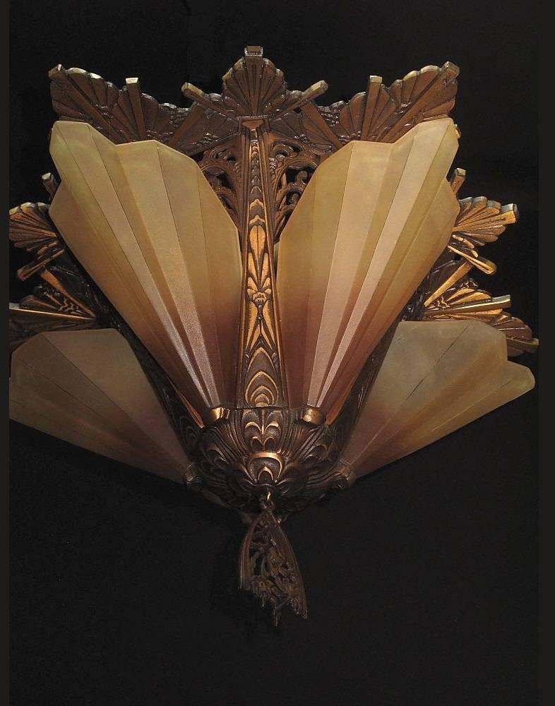 Mid-20th Century Rare Vintage Flush Mount Solid Bronze Slip Shade Brown Tip Fixture For Sale