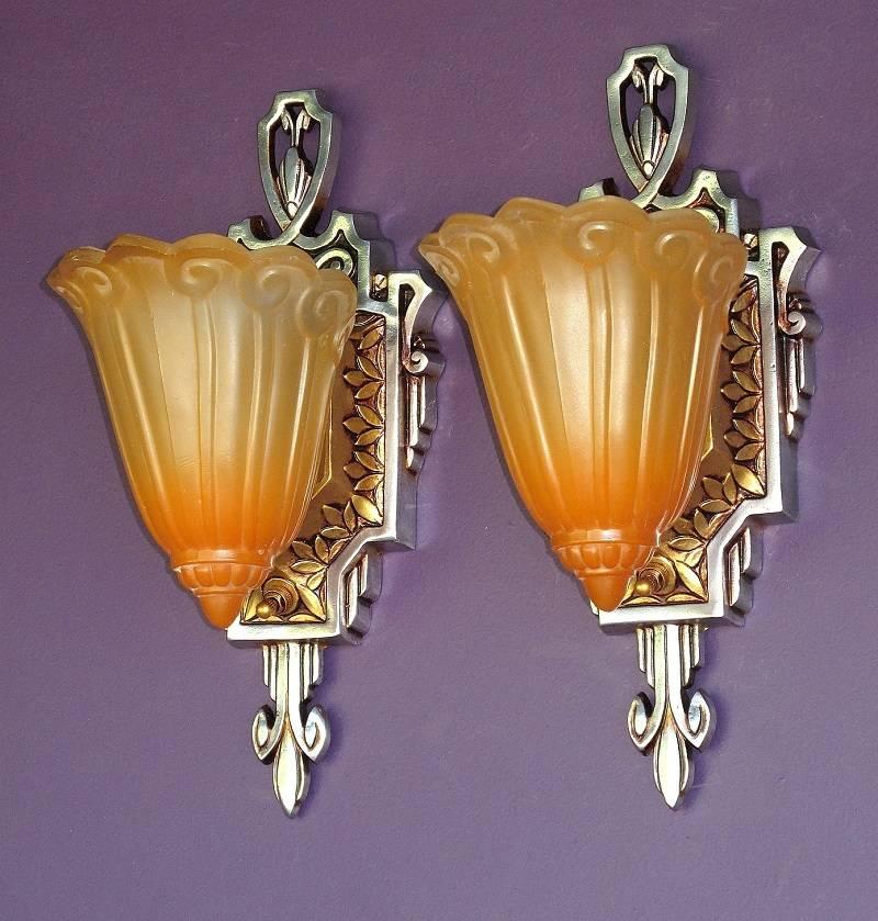Painted Lincoln Slip Shade Sconces, circa 1929 For Sale
