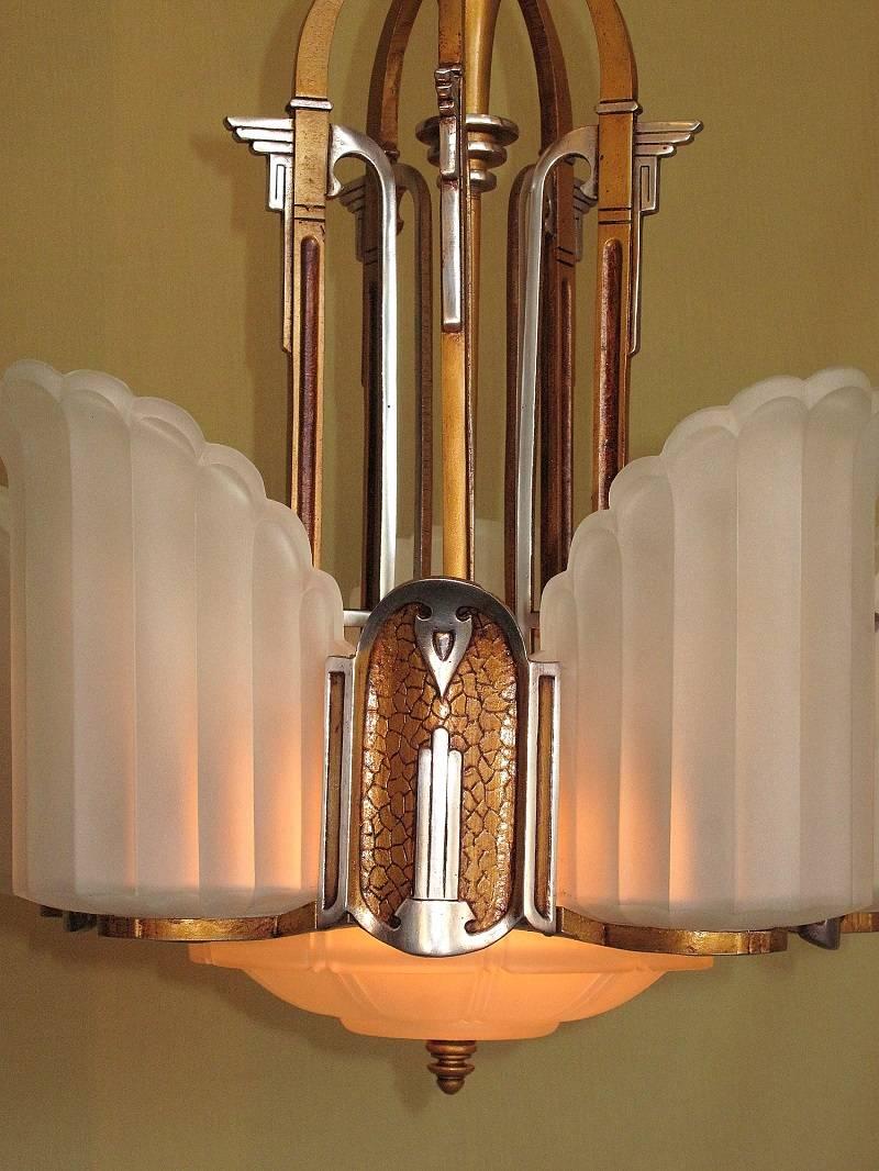Frosted Late 1920s Art Deco and Egyptian Revival Slip Shade Chandelier
