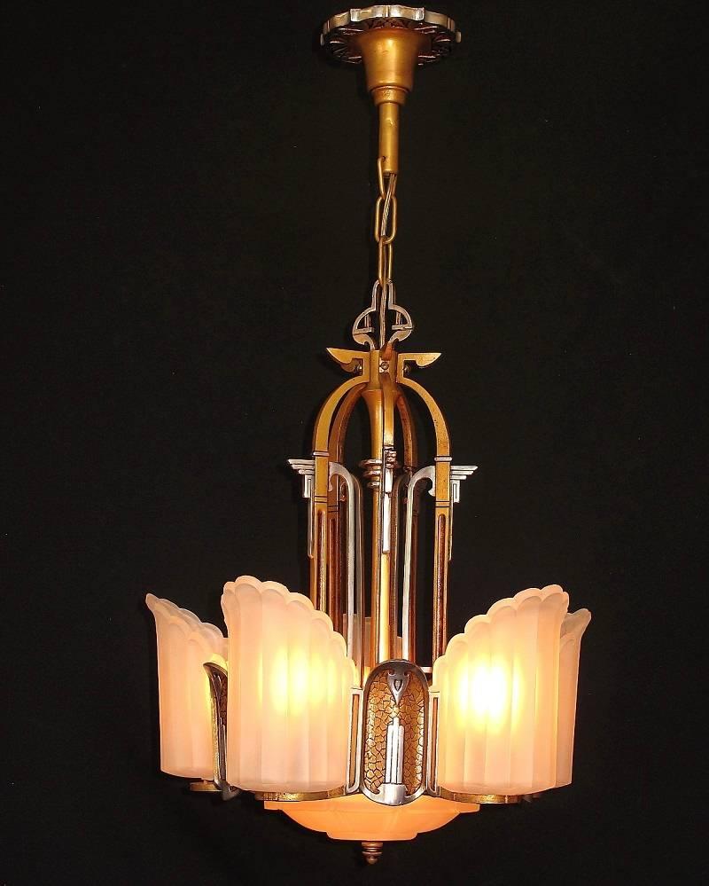 Early 20th Century Late 1920s Art Deco and Egyptian Revival Slip Shade Chandelier