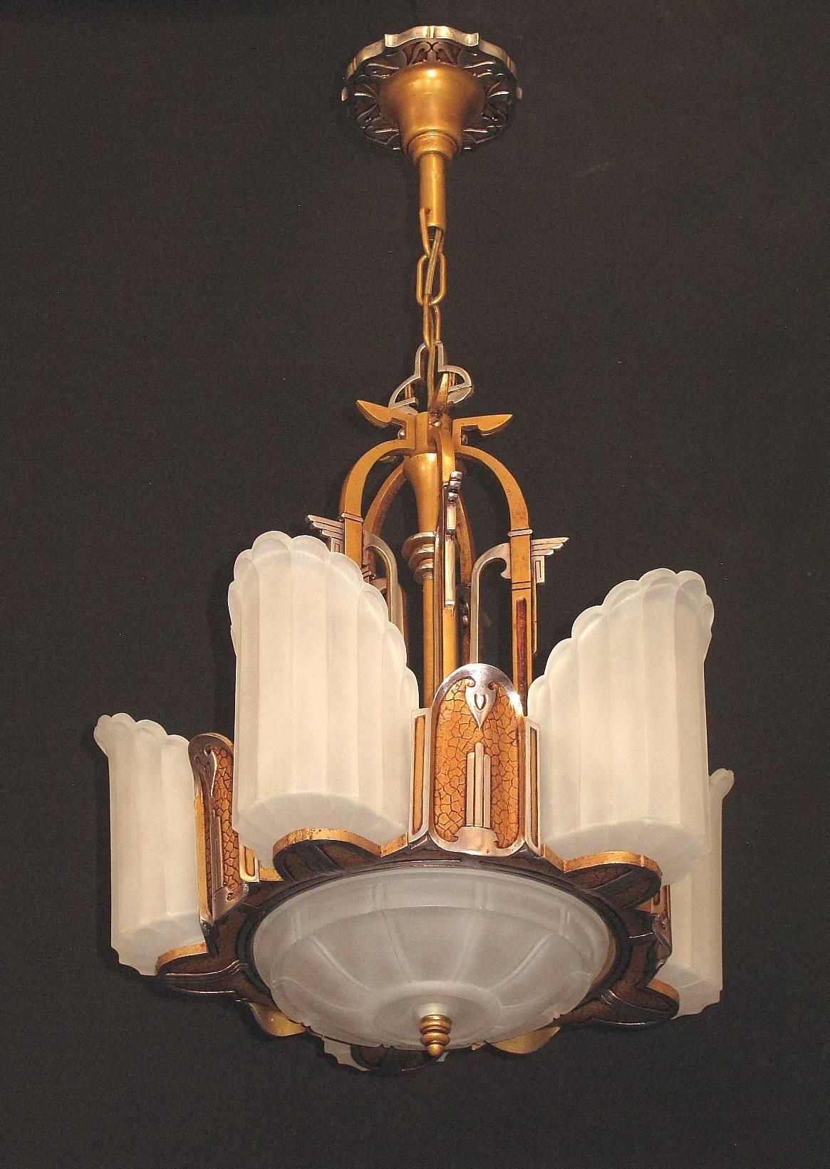 Late 1920s Art Deco and Egyptian Revival Slip Shade Chandelier 1