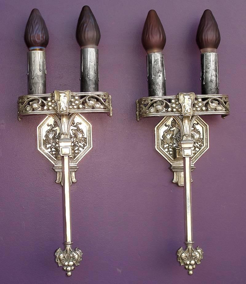 Gothic Revival Large Tudor / Gothic Two Bulb Sconces, 1920s For Sale