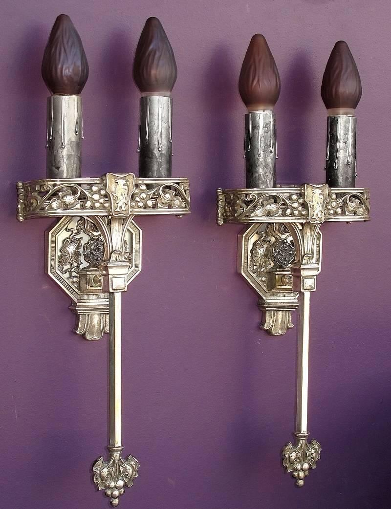 Unknown Large Tudor / Gothic Two Bulb Sconces, 1920s For Sale