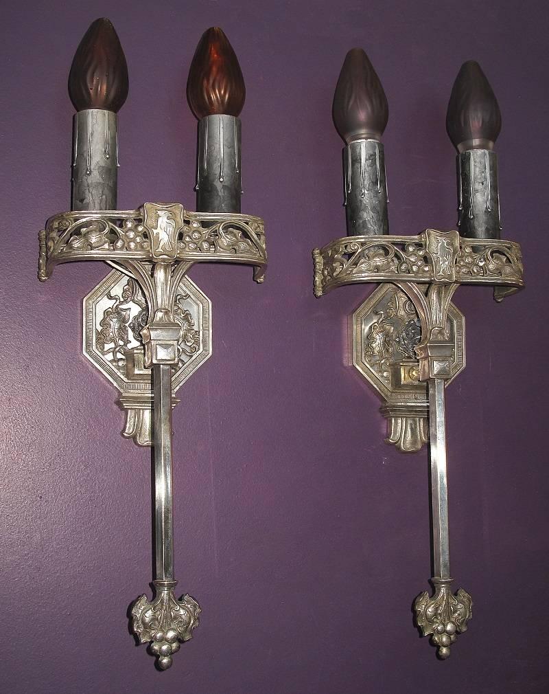 Large Tudor / Gothic Two Bulb Sconces, 1920s In Excellent Condition For Sale In Prescott, AZ