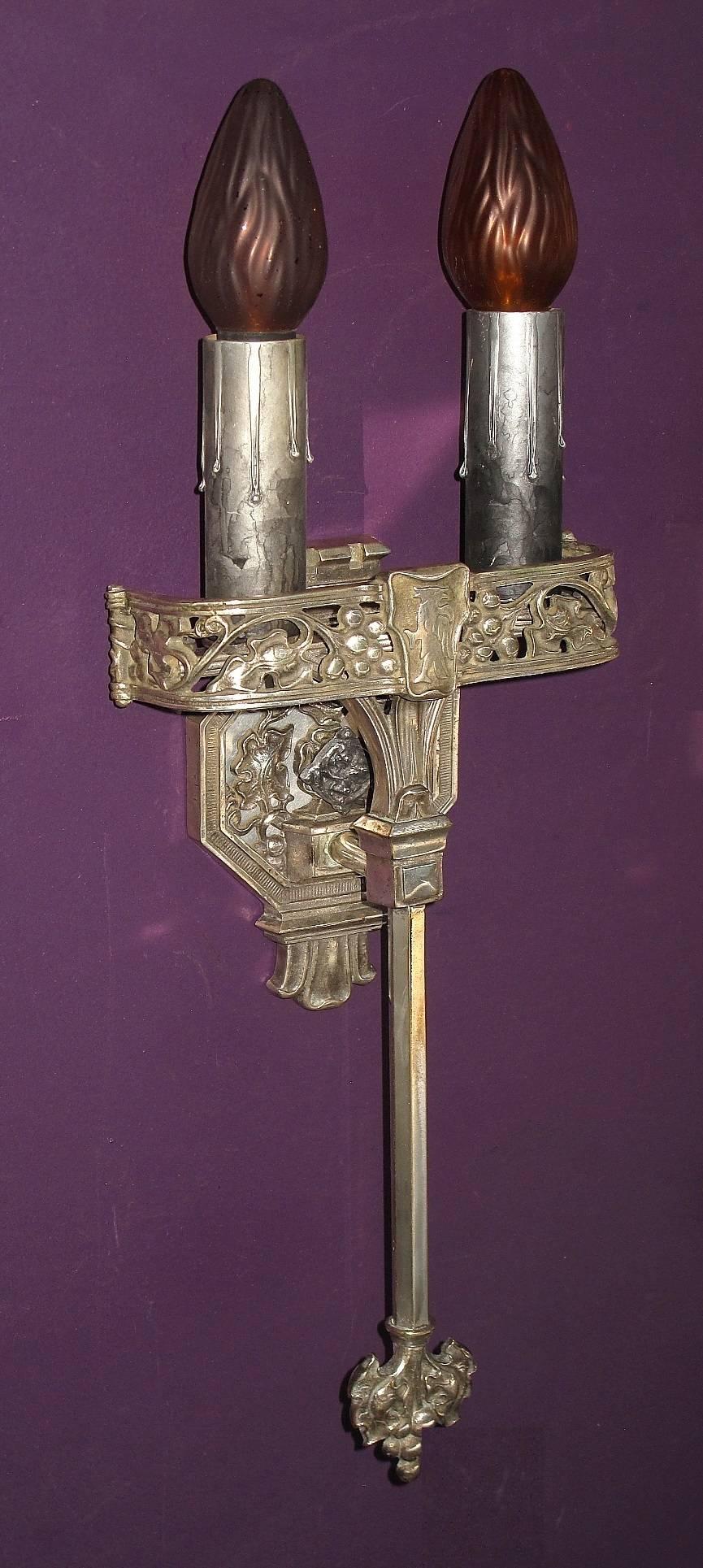 Early 20th Century Large Tudor / Gothic Two Bulb Sconces, 1920s For Sale