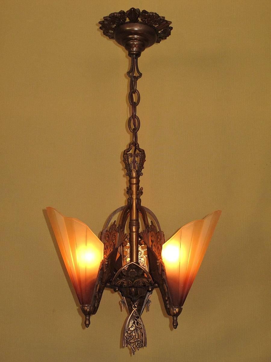 Art Deco Three Shade Bronze Chandelier with Brown Tip Shades