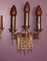 Bronze Three Bulb Polychrome Wall Fixtures, circa 1920