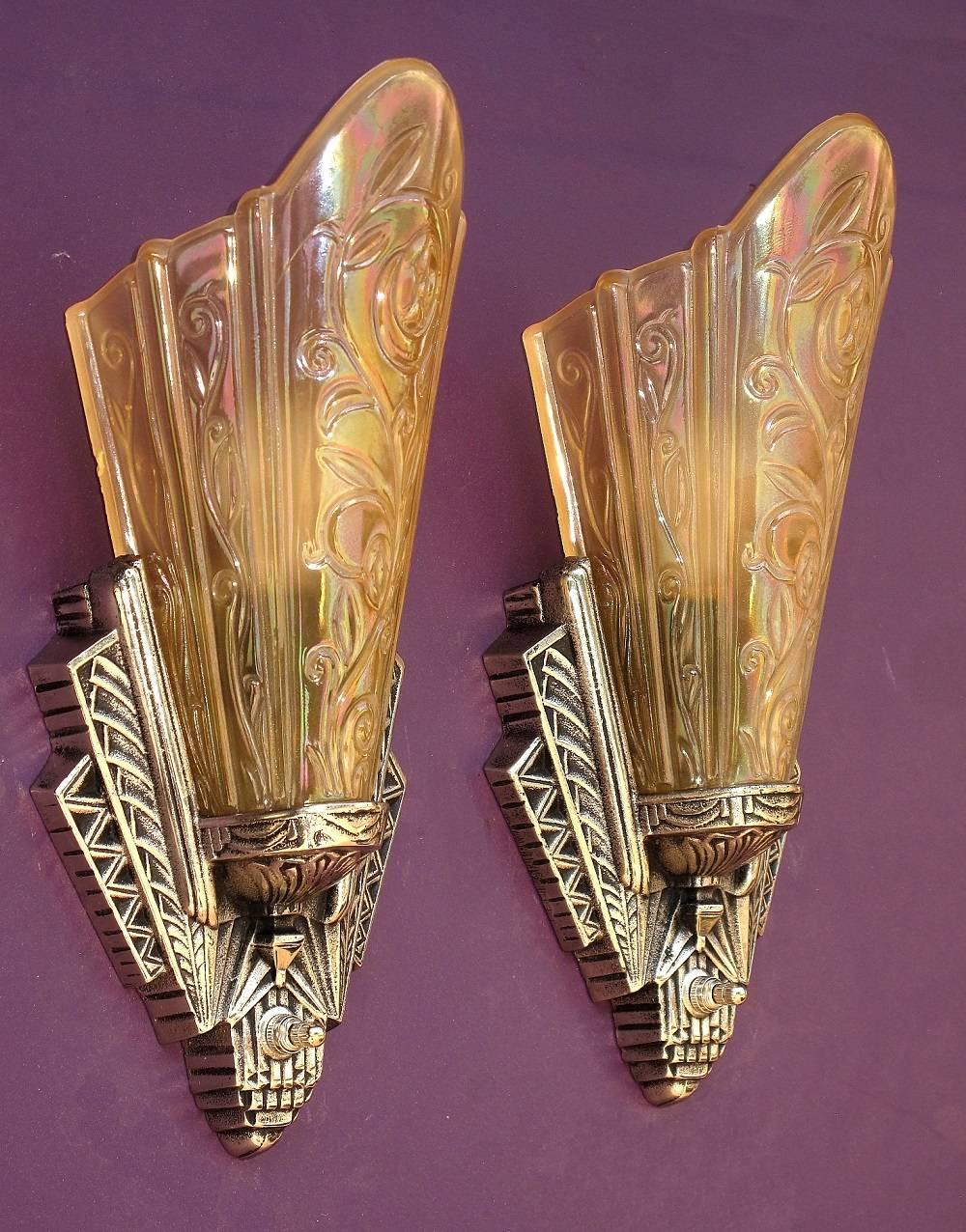 Art Deco Slip Shade Sconces Original Finish In Excellent Condition In Prescott, AZ