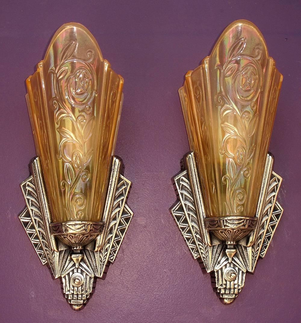 20th Century Art Deco Slip Shade Sconces Original Finish