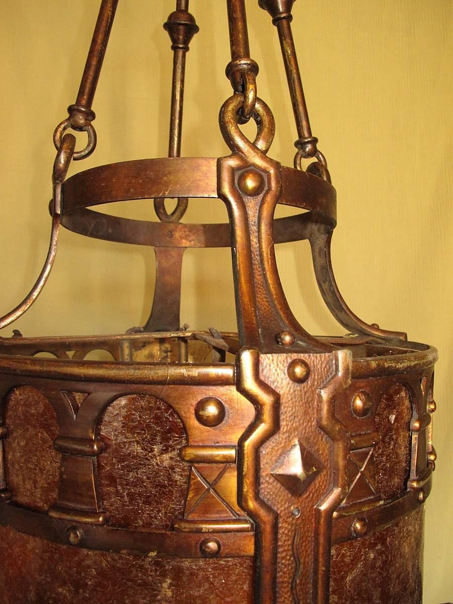 Great size at inches across bottom of drum and a length of inches. Solid bronze construction with original finish and patina with new mica shade. Open top and bottom with four bulbs giving off enough light to light your 