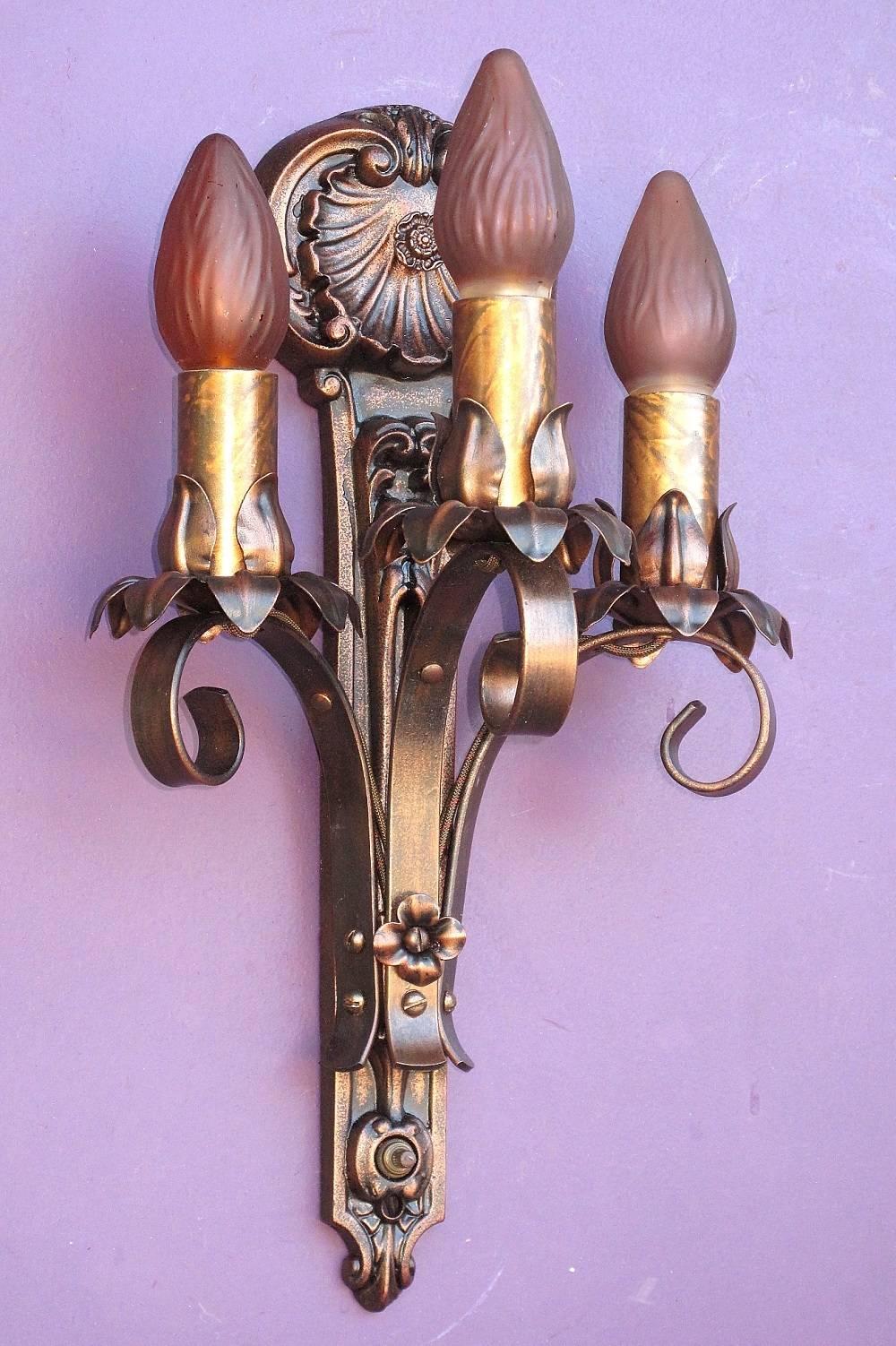 Early 20th Century Classic Moe Bridges Three-Arm Sconces For Sale