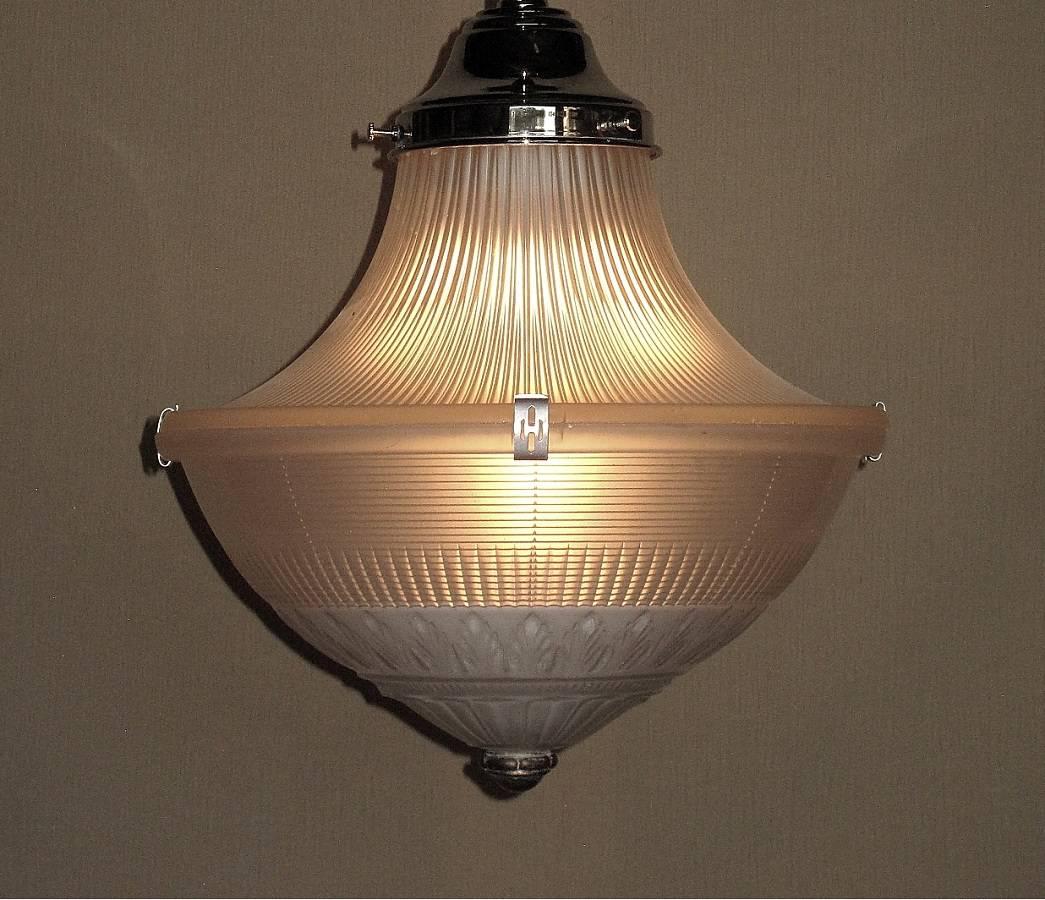 Industrial ONE ONLY LEFT Vintage Holophane Three-Piece Glass Shade For Sale