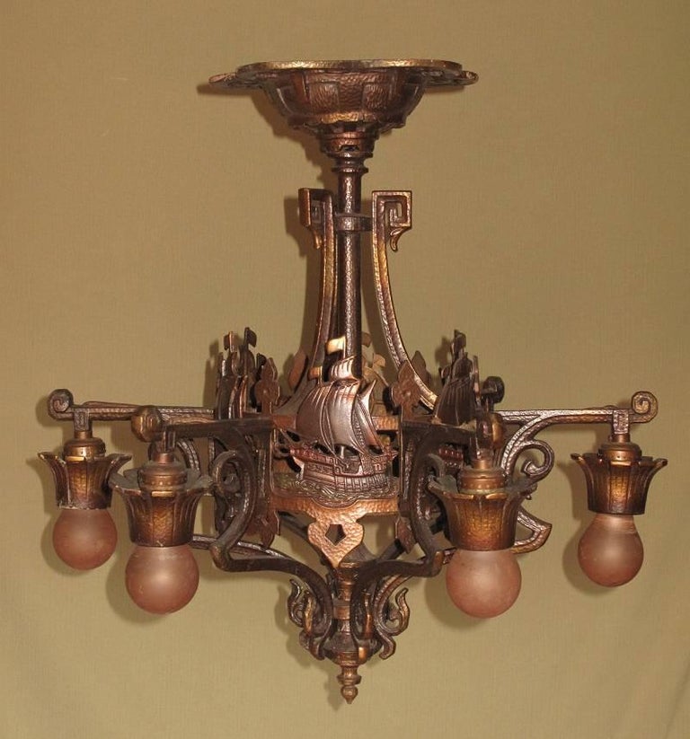 Solid Bronze Spanish Revival SixLight Chandelier Original Finish and
