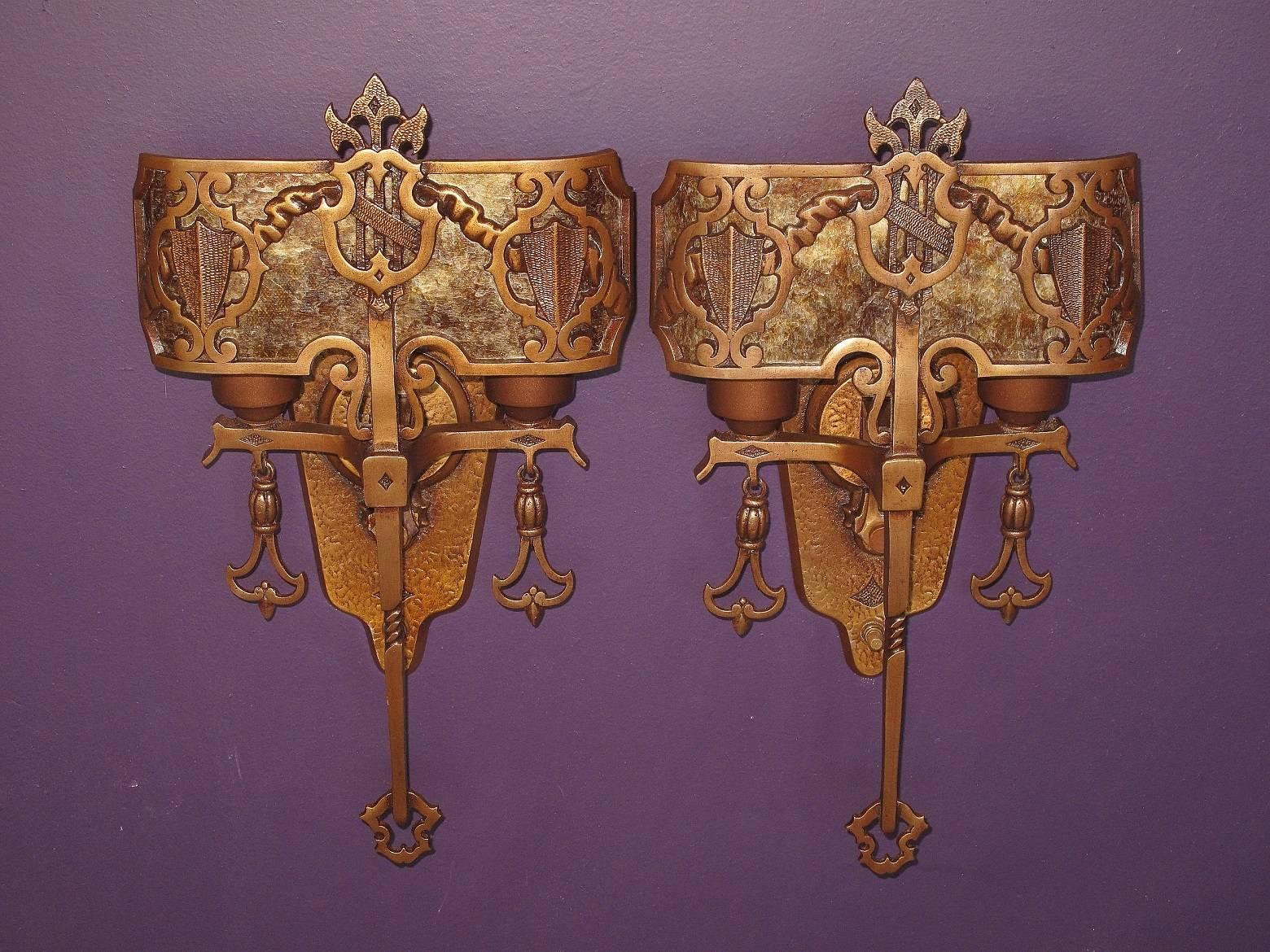 Spanish Colonial 1920s Tudor Gothic Sconces with New Mica Shade ADA