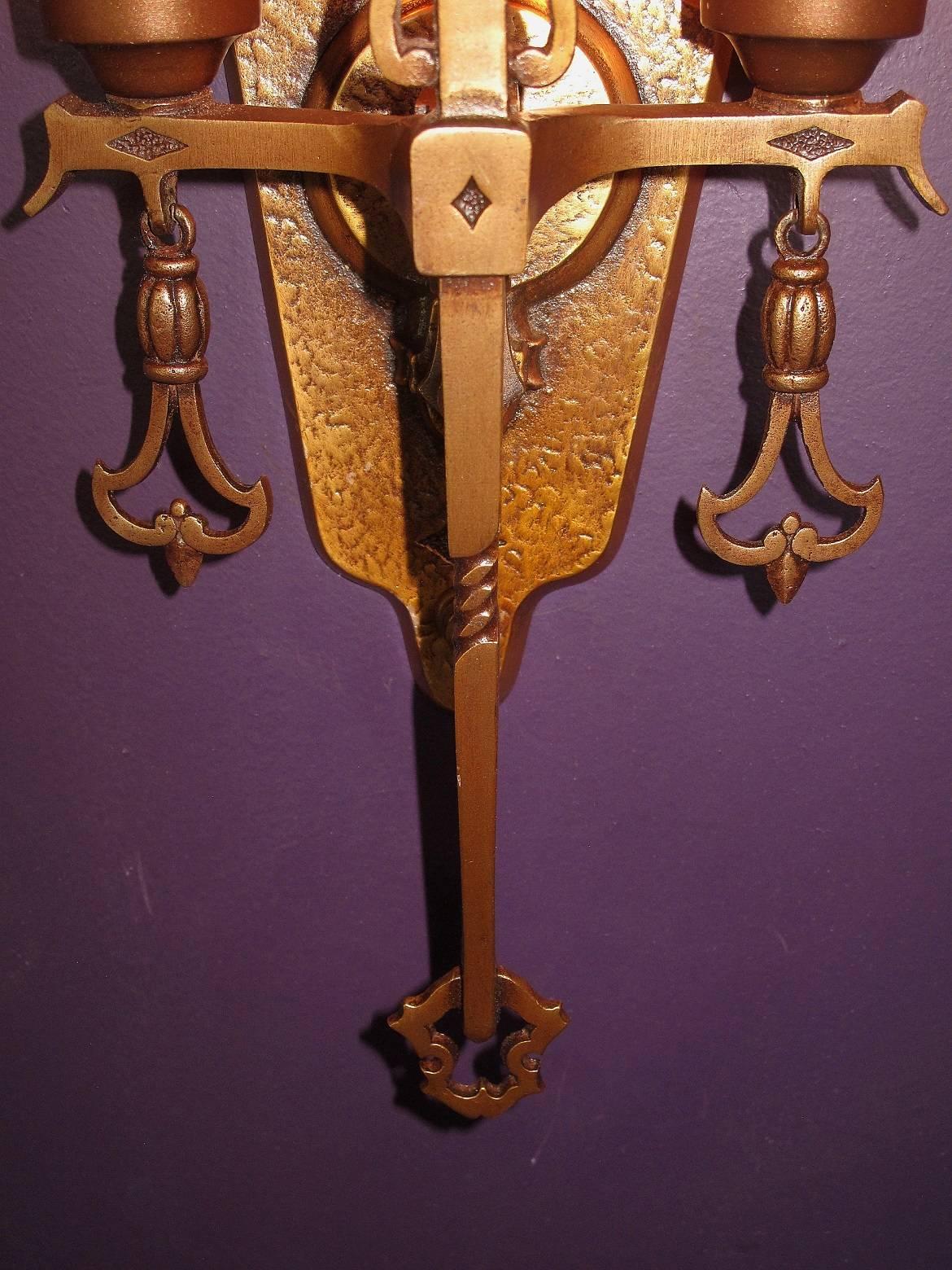 1920s Tudor Gothic Sconces with New Mica Shade ADA In Good Condition In Prescott, AZ