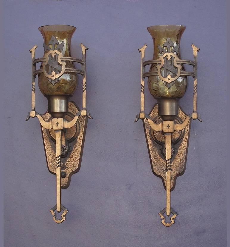 American Solid Bronze Vintage Tudor Wall Sconces Pair, 1928 For Sale