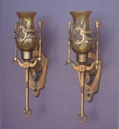 Solid Bronze Vintage Tudor Wall Sconces Pair, 1928
