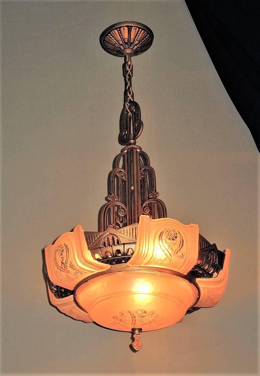 Rare Six Shade Lightolier Art Deco Chandelier In Excellent Condition In Prescott, AZ