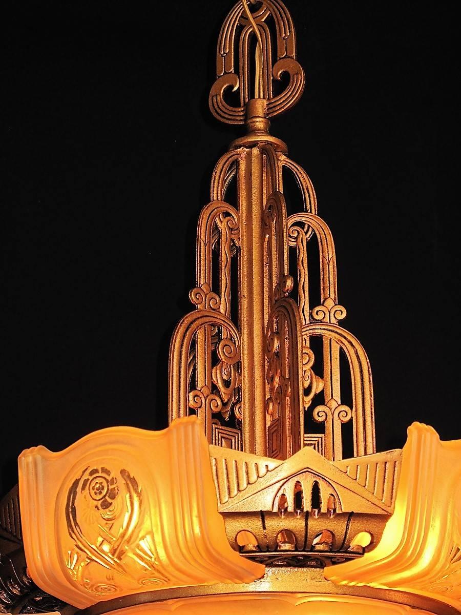 Cast Rare Six Shade Lightolier Art Deco Chandelier