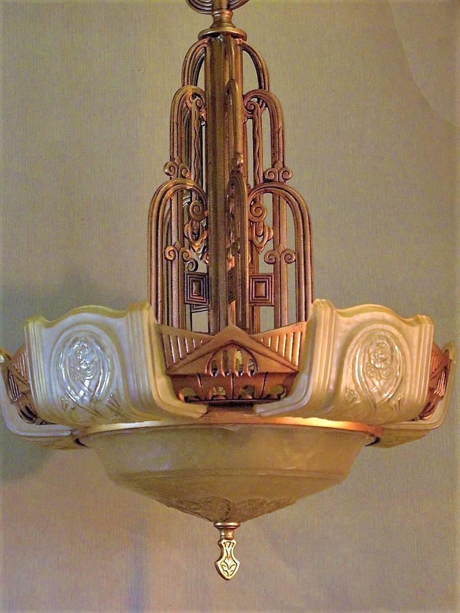American Rare Six Shade Lightolier Art Deco Chandelier