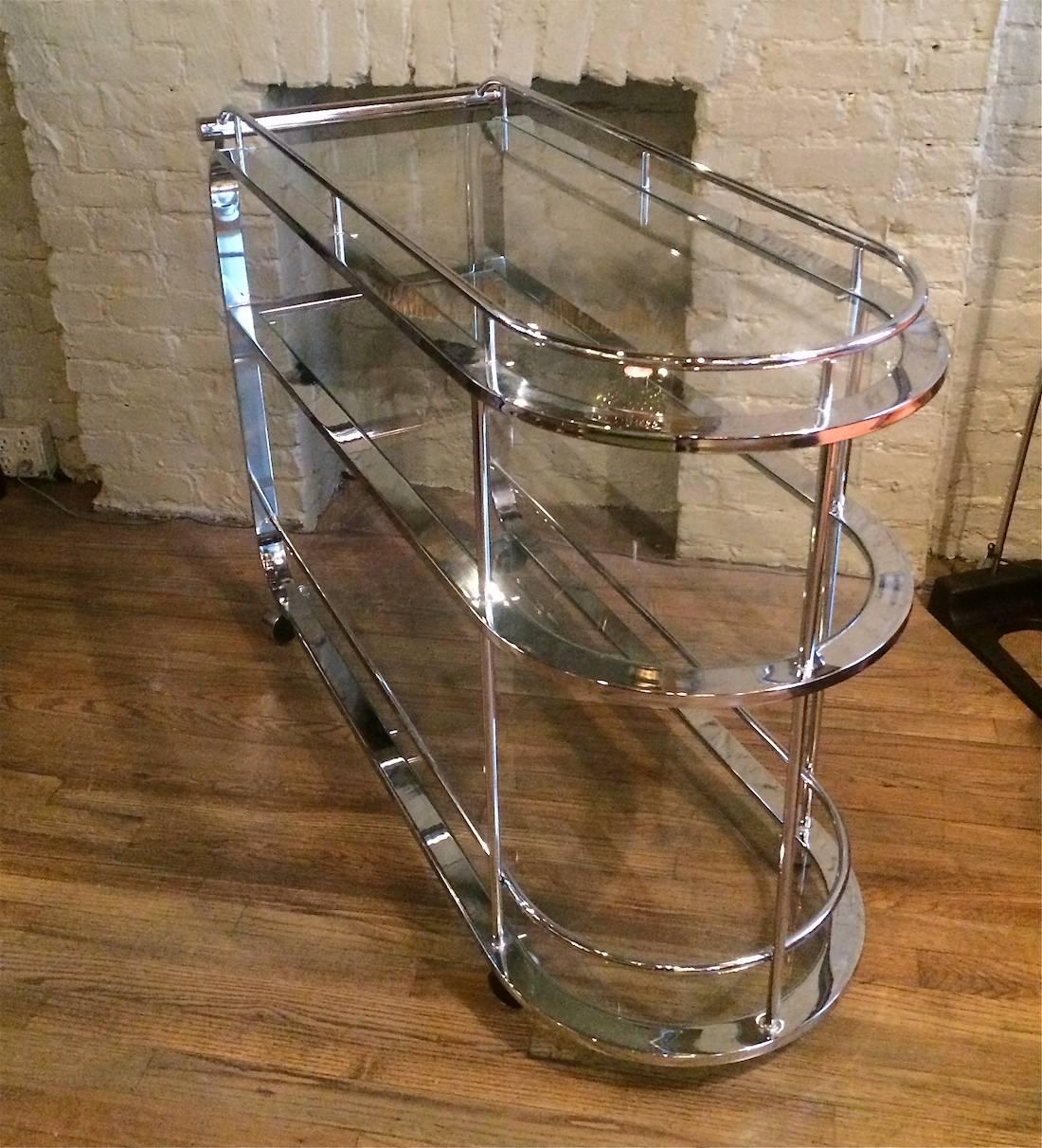 1980s Modern Tubular Chrome and Glass Tiered Bar Cart In Good Condition In Brooklyn, NY